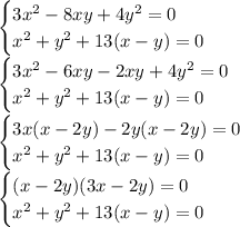 \begin{cases} 3x^2-8xy+4y^2=0 \\ x^2+y^2+13(x-y)=0 \right \end{cases}&#10;\\\&#10;\begin{cases} 3x^2-6xy-2xy+4y^2=0 \\ x^2+y^2+13(x-y)=0 \right \end{cases}&#10;\\\&#10;\begin{cases} 3x(x-2y)-2y(x-2y)=0 \\ x^2+y^2+13(x-y)=0 \right \end{cases}&#10;\\\&#10;\begin{cases} (x-2y)(3x-2y)=0 \\ x^2+y^2+13(x-y)=0 \right \end{cases}