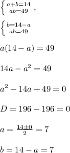 \left \{ {{a+b=14} \atop {ab=49}} \right,\\\\ \left \{ {{b=14-a} \atop {ab=49}} \right.\\\\a(14-a)=49\\\\14a-a^2=49\\\\a^2-14a+49=0\\\\D=196-196=0\\\\ a= \frac{14\±0}{2}=7\\\\b=14-a=7