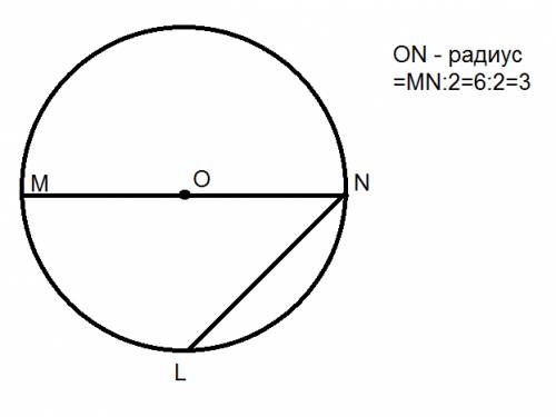 Постройте окружность с центром o и диаметром mn равным 6 см. проведите хорду nl. чему равен радиус о