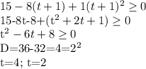 15-8(t+1)+1(t+1)^2 \geq 0&#10;&#10;15-8t-8+(t^2+2t+1) \geq 0&#10;&#10;t^2-6t+8 \geq 0&#10;&#10;D=36-32=4=2^2&#10;&#10;t=4; t=2