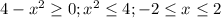 4- x^{2} \geq 0; x^{2} \leq 4; -2 \leq x \leq 2