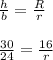 \frac{h}{b}=\frac{R}{r}\\\\\frac{30}{24}=\frac{16}{r}