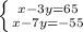 \left \{ {{x-3y=65} \atop {x-7y=-55}} \right.