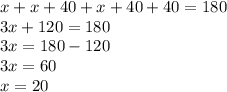 x+x+40+x+40+40=180\\3x+120=180\\3x=180-120\\3x=60\\x=20