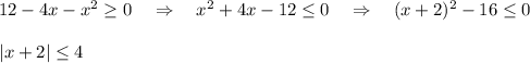 12-4x-x^2\geq 0~~~\Rightarrow~~~ x^2+4x-12\leq 0~~~\Rightarrow~~~ (x+2)^2-16\leq 0\\ \\ |x+2|\leq 4