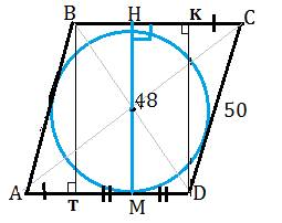 9класс сторона ромба 50 см, а радиус вписаного в него круга 24 см. найти отрезки на какие делит эту