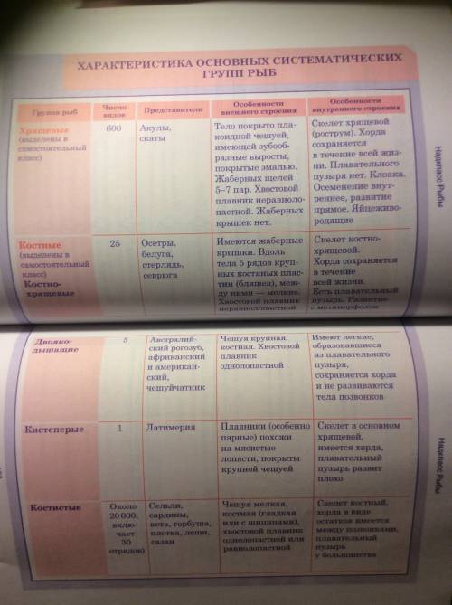 Заполните таблицу: сравнение хрящевых костно-хрящевых и костистых рыб