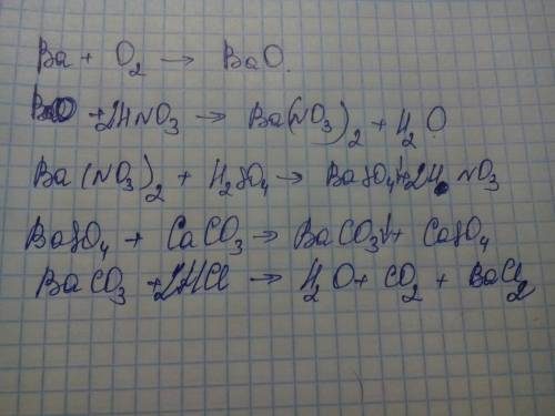 Осуществите превращения: барий- оксид бария - нитрат бария - сульфат бария - карбонат бария - оксид