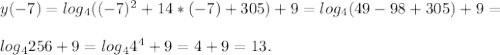 y(-7) = log{_4} ( (-7) ^{2} +14*(-7) +305)+9 = log{_4} ( 49-98+305) +9 =\\\\log{_4} 256+9= log{_4} 4^{4}+9= 4+9 =13.