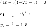 (4x-3)(-2x+3)=0\\\\x_1=\frac{3}{4}=0,75\\\\x_2=\frac{3}{2}=1,5