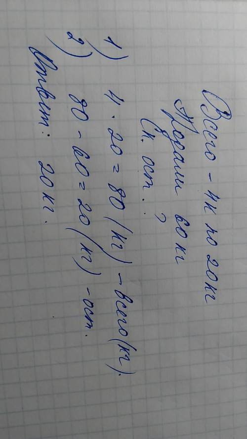 Вмагазине 4 коробки сухого молока ,по 20 кг в каждой коробке.за неделю продали 60 кг молока.сколько
