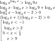 \displaystyle\log_3{x^{\log_3{x}}}\log_3{9x}\\\log_3{x}\cdot\log_3{x}\log_3{9}+\log_3{x}\\\log_3^2{x}-\log_3{x}-20\\(\log_3{x}+1)(\log_3{x}-2)0\\\left [ {{\log_3{x}2}} \right. \\\left [ {{0
