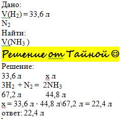 Обчисліть об'єм амоніаку, який утвориться в результаті взаємодії 33,6 л водню з азотом