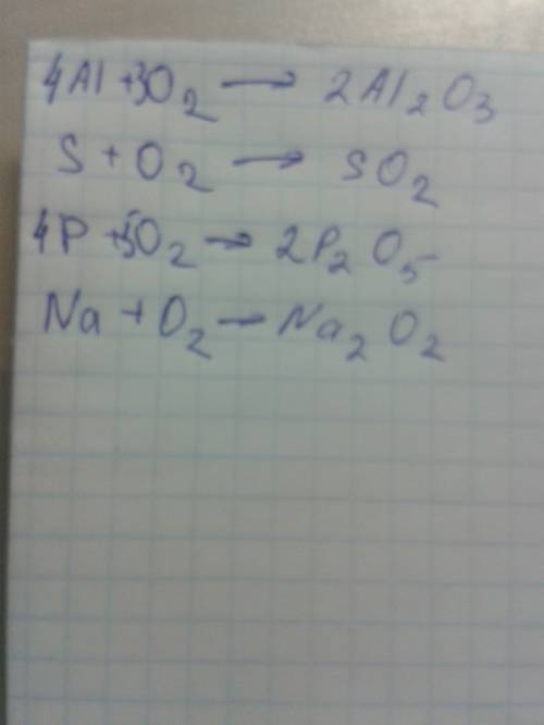 Напишите уравнение реакции взаимодействия кислорода с алюминием, серой, фосфором, натрием получения