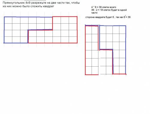 Прямоугольник 4x9 разрежьте на две части так, чтобы из них можно было сложить квадрат.