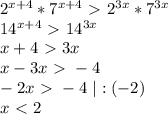 2^{x+4}*7^{x+4}\ \textgreater \ 2^{3x}*7^{3x}\\&#10;14^{x+4}\ \textgreater \ 14^{3x}\\&#10;x+4\ \textgreater \ 3x\\&#10;x-3x\ \textgreater \ -4\\&#10;-2x\ \textgreater \ -4 \ |:(-2)\\&#10;x\ \textless \ 2