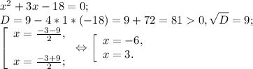 x^{2} +3x-18=0;\\D= 9- 4*1*(-18)= 9+72=810, \sqrt{D} =9;\\\left [ \begin{array}{lcl} {{x=\frac{-3-9}{2} ,} \\\\ {x=\frac{-3+9}{2} ;}} \end{array} \right.\Leftrightarrow \left [ \begin{array}{lcl} {{x=-6,} \\ {x=3.}} \end{array} \right.