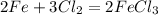 2Fe + 3 Cl_{2} = 2FeCl_{3}