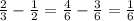 \frac{2}{3} - \frac{1}{2} = \frac{4}{6} - \frac{3}{6} = \frac{1}{6}