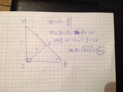 Втреугольнике abc угол c = 90 градусов , ac = 5, высота ch =3. найдите cos b.