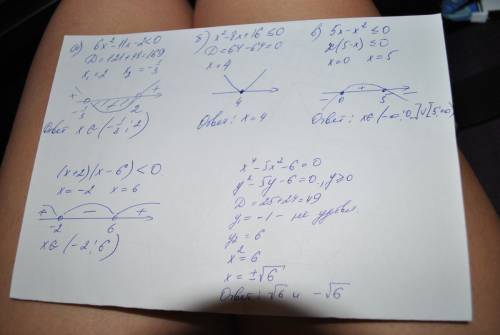 Номер 1 . а) 6x^2-11x-2< 0 ; б) x^2-8x+16меньше или равно 0; в) 5x-x^2меньше или равно 0 ; номер