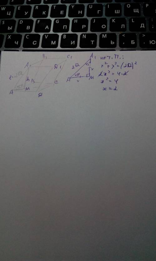 Боковое ребро наклонной призмы наклонено к плоскости основания под углом 45 и равна 2√2см. найдите в