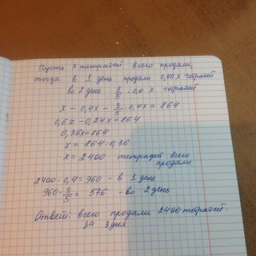 Вкиоске в 1 день продали 40% всех тетрадей, во 2 день 3/5 того, что продали в 1 день, а в 3 день про