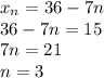 x_n=36-7n \\ 36-7n=15 \\ 7n=21 \\ n=3