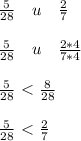 \frac{5}{28} \quad u\quad \frac{2}{7} \\ \\ \frac{5}{28} \quad u\quad \frac{2*4}{7*4} \\ \\ \frac{5}{28} \ \textless \ \frac{8}{28} \\ \\ \frac{5}{28} \ \textless \ \frac{2}{7} \\ \\