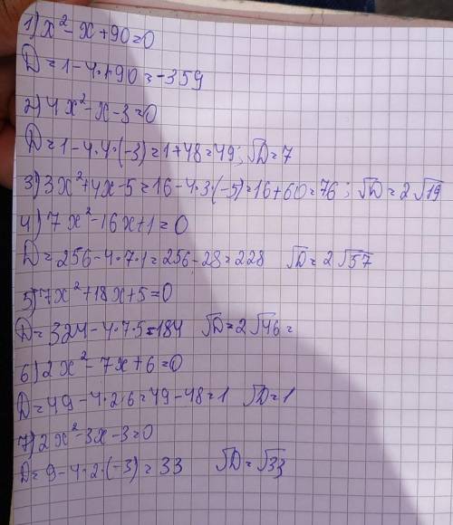 Найдите дискриминант квадратного уравнения: x2-x+90 =0,4x2-x-3=0,3х2 +4х-5=0,7х2 –16x+1=0,7х2 +18х+5