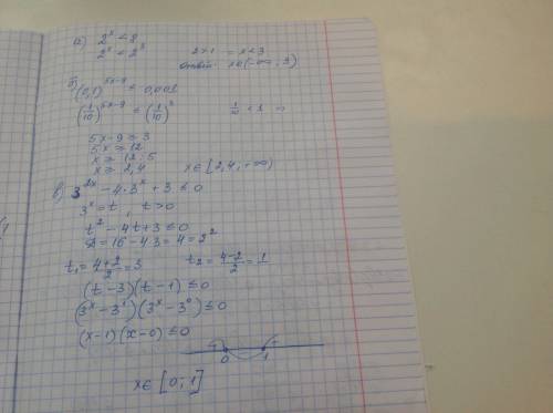 о ! решить неравенства: а) 2^x < 8 b) (0,1)^5x-9 ≤ 0,001 в) 3^2x - 4*3^x + 3 ≤ 0