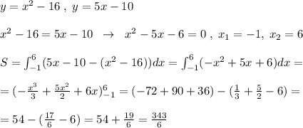 y=x^2-16\; ,\; y=5x-10\\\\x^2-16=5x-10\; \; \to \; \; x^2-5x-6=0\; ,\; x_1=-1,\; x_2=6\\\\S=\int _{-1}^6(5x-10-(x^2-16))dx=\int _{-1}^6(-x^2+5x+6)dx=\\\\=(-\frac{x^3}{3}+\frac{5x^2}{2}+6x)_{-1}^6=(-72+90+36)-(\frac{1}{3}+\frac{5}{2}-6)=\\\\=54-(\frac{17}{6}-6)=54+\frac{19}{6}=\frac{343}{6}