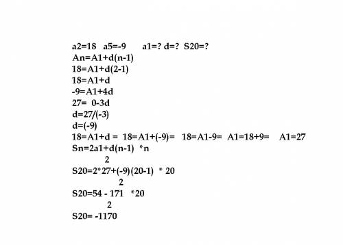 Варифметической прогрессии второй член равен 18, а пятый член -9.найдите сумму первых двадцати члено