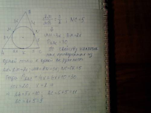 Периметр трикутника авс, описаного навколо кола, дорфвнює 30 см. точка дотику зі стороною ав ділить
