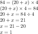 84 = (20 + x) \times 4 \\ (20 + x) \times 4 = 84 \\ 20 + x = 84 \div 4 \\ 20 + x = 21 \\ x = 21 - 20 \\ x = 1