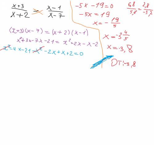 X+3 деленная x+2 = x-1 деленное x-7