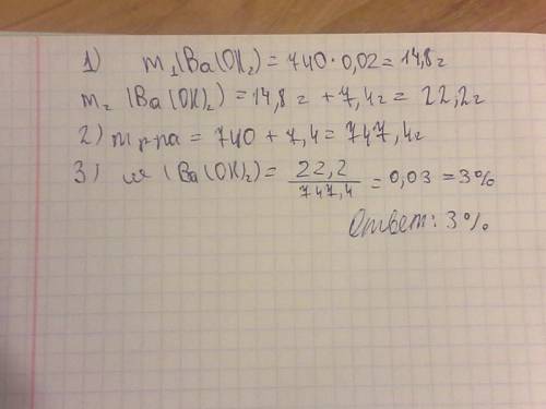В740 грамм 2%-го раствора гидроксида бария растворили 7.4г щелочи. найдите массовую долю гидроксида