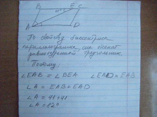 Найдите величину острого угла параллелограмма abcd, если биссектриса угла a образует со стороной bc