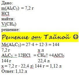 Залюмінію карбіду масою 7,2 г у рзультаті взаємодії з хлоридною кислотою виділяється метан, обєм яко