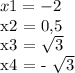 x1 = - 2&#10;&#10;x2 = 0,5&#10;&#10;x3 = \sqrt{3} &#10;&#10;x4 = - \sqrt{3}