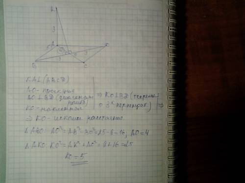 Отрезок ка=3 см -перпендикуляр к плоскости ромба авсd, в котором ав=5 и вд=6. найдите растояние от т