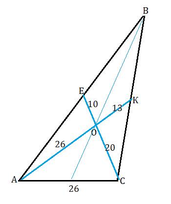 Основание треугольника равно 26. медианы его боковых сторон равны 30 и 39. найти площадь этого треуг