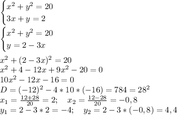 \begin{cases}&#10;x^2+y^2=20\\&#10;3x+y=2\\&#10;\end{cases}\\&#10;\\&#10;\begin{cases}&#10;x^2+y^2=20\\&#10;y=2-3x\\&#10;\end{cases}\\&#10;\\&#10;x^2+(2-3x)^2=20\\&#10;x^2+4-12x+9x^2-20=0\\&#10;10x^2-12x-16=0\\&#10;D=(-12)^2-4*10*(-16)=784=28^2\\&#10;x_1=\frac{12+28}{20}=2; \ \ \ x_2=\frac{12-28}{20}=-0,8\\&#10;y_1=2-3*2=-4; \ \ \ y_2=2-3*(-0,8)=4,4