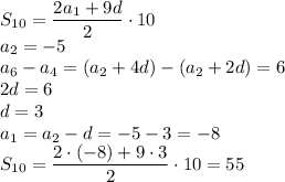 S_{10}=\dfrac{2a_1+9d}{2}\cdot10\\ a_2=-5\\ a_6-a_4=(a_2+4d)-(a_2+2d)=6\\ 2d=6\\ d=3\\ a_1=a_2-d=-5-3=-8\\S_{10}=\dfrac{2\cdot(-8)+9\cdot3}{2}\cdot10=55