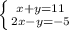 \left \{ {{x+y=11} \atop {2x-y=-5}} \right.