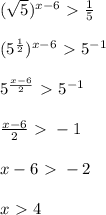 (\sqrt{5})^{x - 6} \ \textgreater \ \frac{1}{5}\\\\&#10;(5^{\frac{1}{2}})^{x - 6} \ \textgreater \ 5^{-1}\\\\&#10;5^{\frac{x - 6}{2}} \ \textgreater \ 5^{-1}\\\\&#10;\frac{x - 6}{2} \ \textgreater \ -1\\\\&#10;x - 6 \ \textgreater \ -2 \\\\&#10;x \ \textgreater \ 4