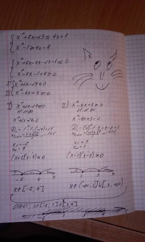 {x²+6x-23≤4x+1. { x²-1≥4x-4 решите систему уравнении