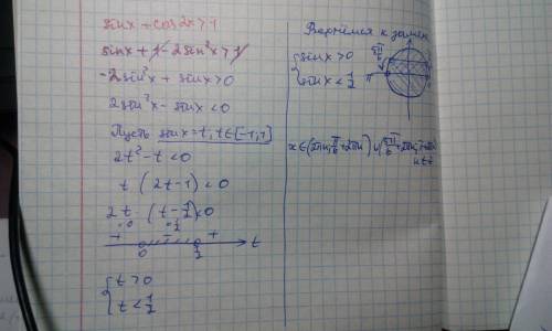 Решите неравенство: sinx+cos2x> 1