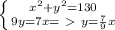 \left \{ {x^{2} + y^{2} =130 } \atop {9y=7x}=\ \textgreater \ y= \frac{7}{9}x } \right.