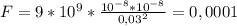 F=9* 10^{9} * \frac{ 10^{-8}* 10^{-8} }{ 0,03^{2} } =0,0001